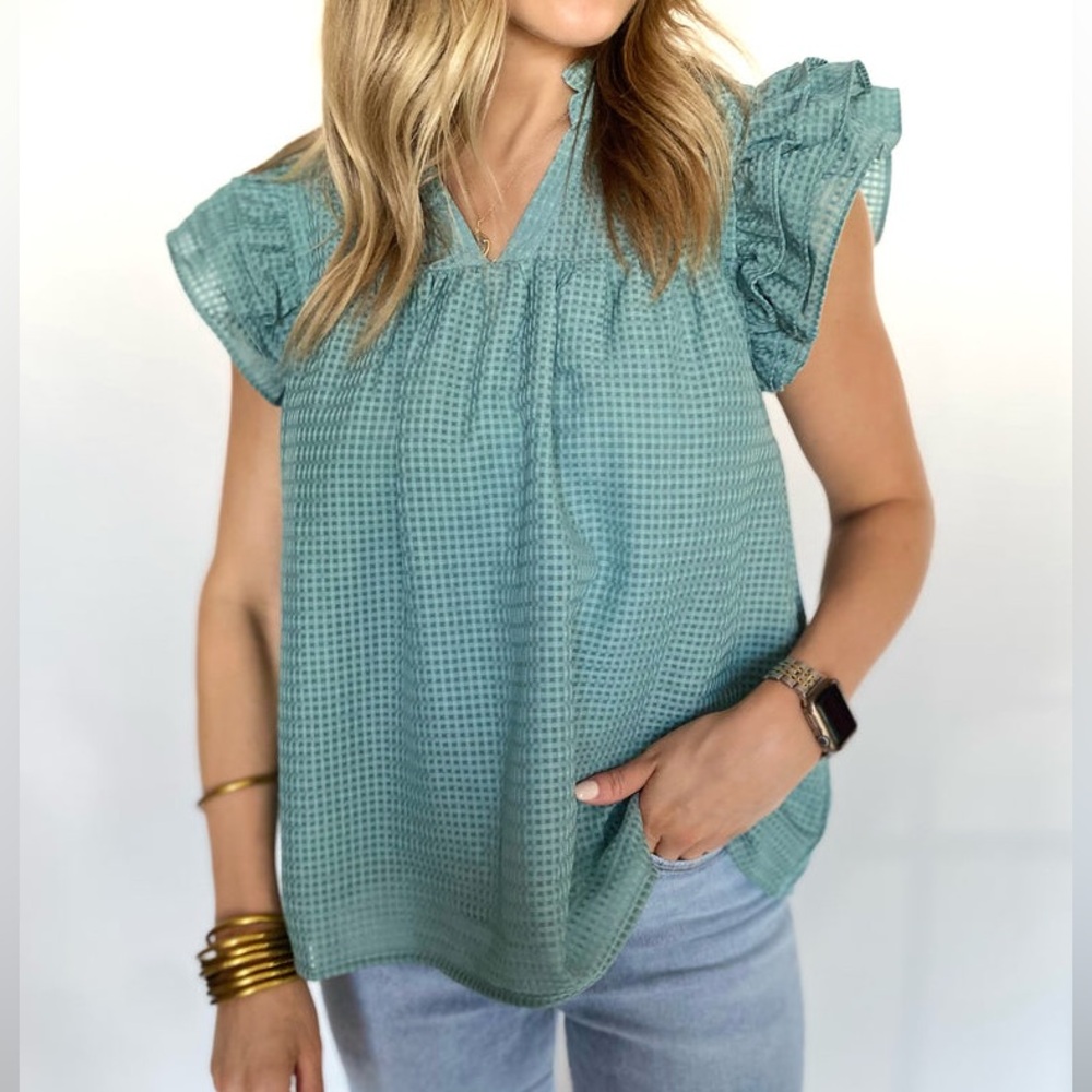{Umgee} Waffle Print Flutter Short Sleeve Blouse in Teal - Womens Small - NWT - Picture 2 of 9